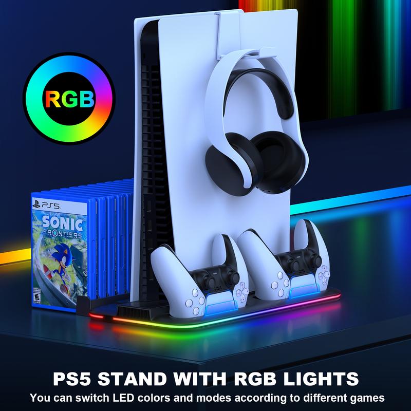 RGB PS5 Cooling Station with Controller Charging Station for Playstation 5 Slim Disc Digital Editions, Cooling Stand for PS5 Accessories with Controller Charger, Headset Holder, 15 Game Slot