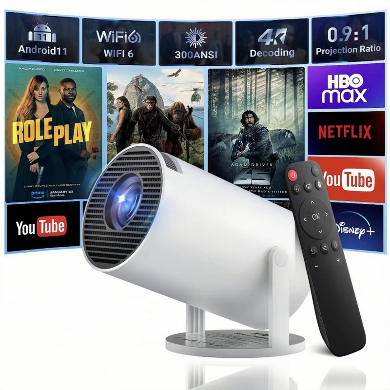 [Christmas Deal]Portable Outdoor Projector, Auto Keystone Correction Mini Projector, 4K 1080P Smart Projector with WiFi6, Bluetooth 5.2, Android 11.0,130 Inch Screen,180°Rotatable Stand , Home Video,Audio