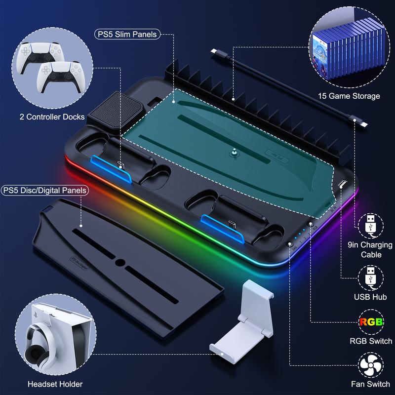 RGB PS5 Cooling Station with Controller Charging Station for Playstation 5 Slim Disc Digital Editions, Cooling Stand for PS5 Accessories with Controller Charger, Headset Holder, 15 Game Slot