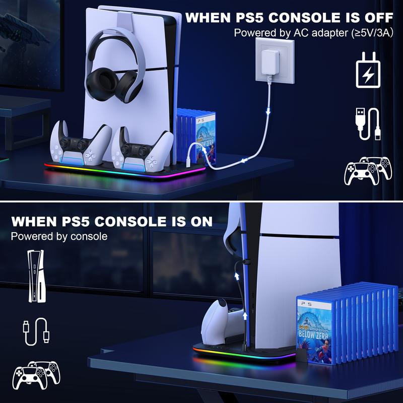 RGB PS5 Cooling Station with Controller Charging Station for Playstation 5 Slim Disc Digital Editions, Cooling Stand for PS5 Accessories with Controller Charger, Headset Holder, 15 Game Slot