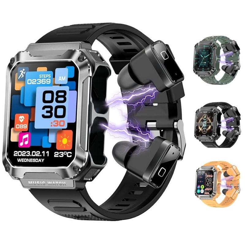 Smart Watch with Earbuds, 3 in 1 Bluetooth Smart Watch for Android iPhone, Military Fitness Tracker Watch, Tracker with Blood Oxygen Heart Rate Sleep Monitor, Long Time Standby Sports Smart Watch Devices Smartphone Wristwatch Wearable Audio Recording