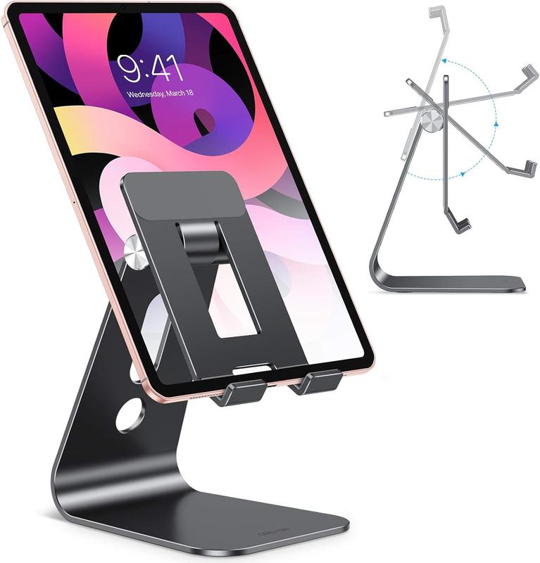 Adjustable Tablet Stand for Desk, Upgraded Longer Arms for Greater Stability, T2 Tablet Holder with Hollow Design for Bigger Sized Phones and Tablets Such as iPad Pro Air Mini, Black