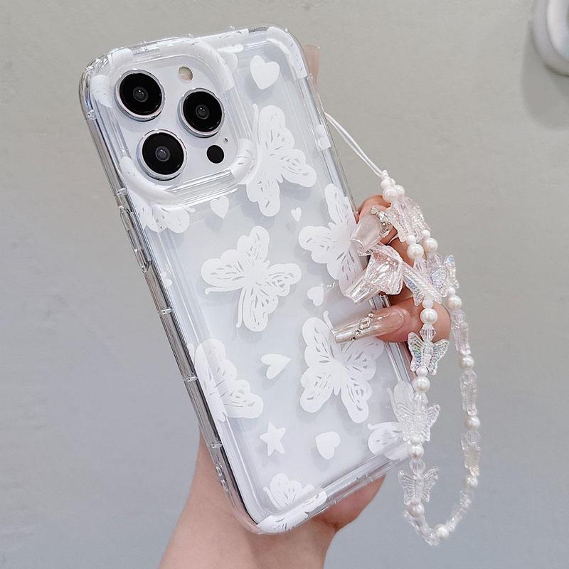 Butterfly Decor Phone Case with Wrist Strap, Shockproof Phone Protective Cover for Fall, Fashion Phone Accessories for iPhone Cases 11 12 13 14 15 Pro Max Series, Phone Cases Accessories