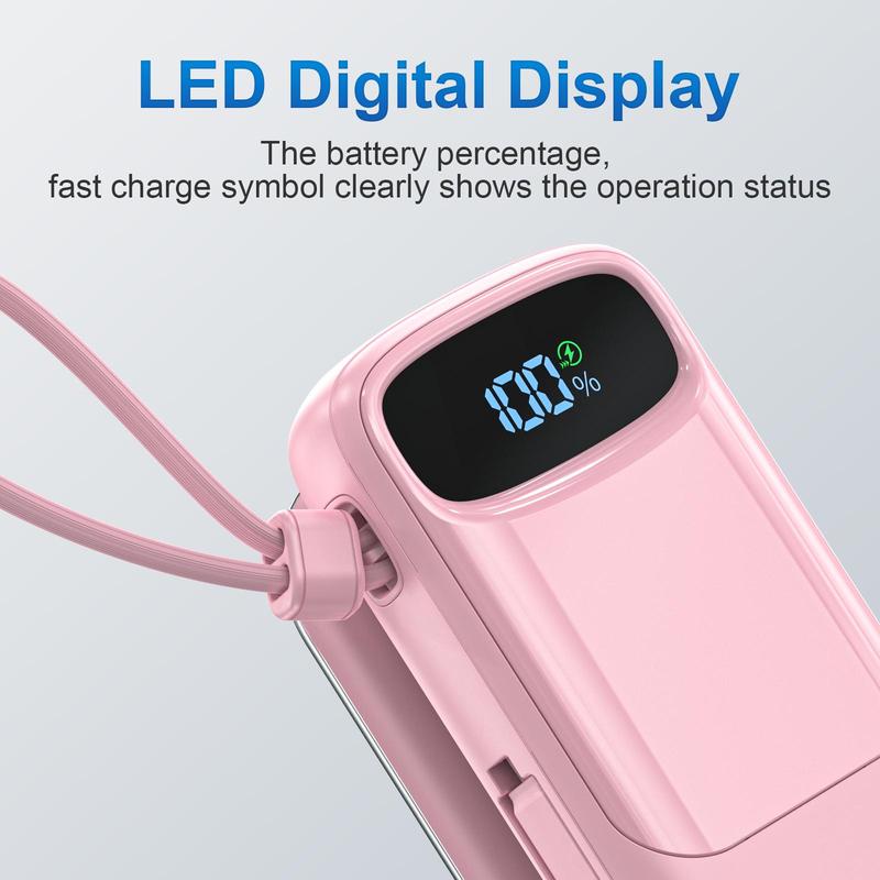 10000mAh Portable Charger, PD 30W Output & Input Power Bank Portable with Built-in USB-C Cable, QC3.0 Fast Charging Battery Pack for iPhone 16 Galaxy iPad AirPods, Portable Powerbank, Wireless Power Bank