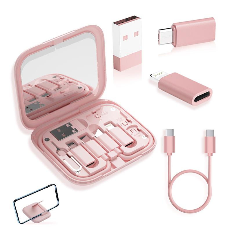 Multi USB Charging Adapter Cable Kit, USB C to Lighting Adapter Box, Conversion Set USB A & Type C to Male Micro Type C Lightning, Data Transfer, Card Storage, Tray Eject Pin, Phone Holder (Pink)