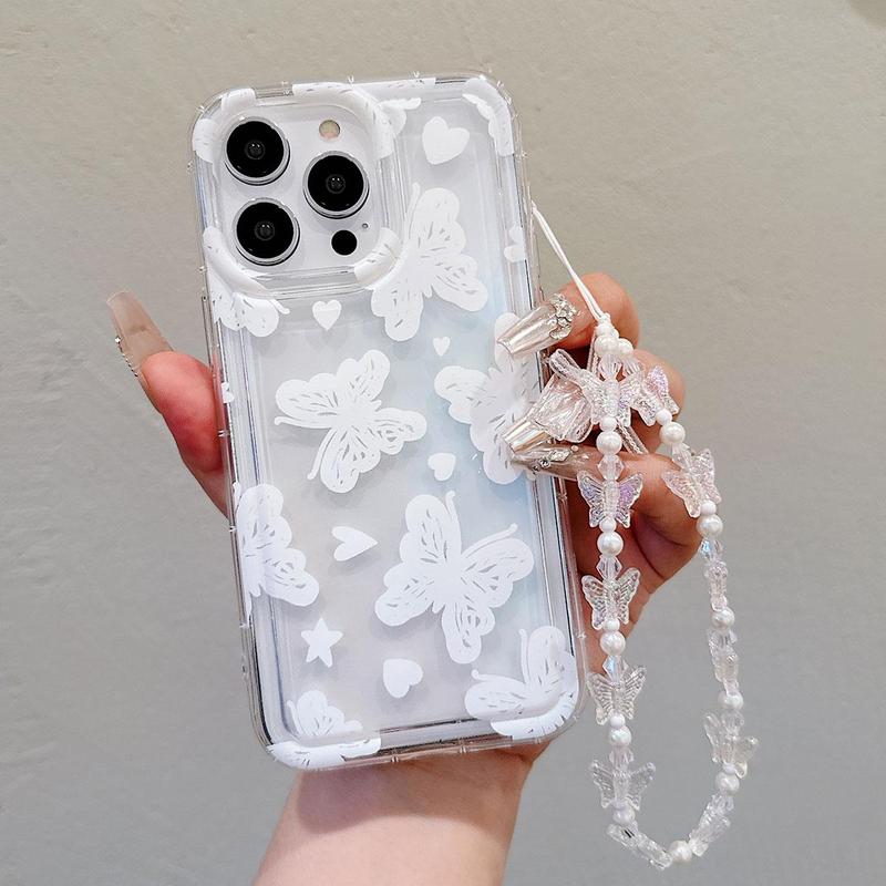 Butterfly Decor Phone Case with Wrist Strap, Shockproof Phone Protective Cover for Fall, Fashion Phone Accessories for iPhone Cases 11 12 13 14 15 Pro Max Series, Phone Cases Accessories