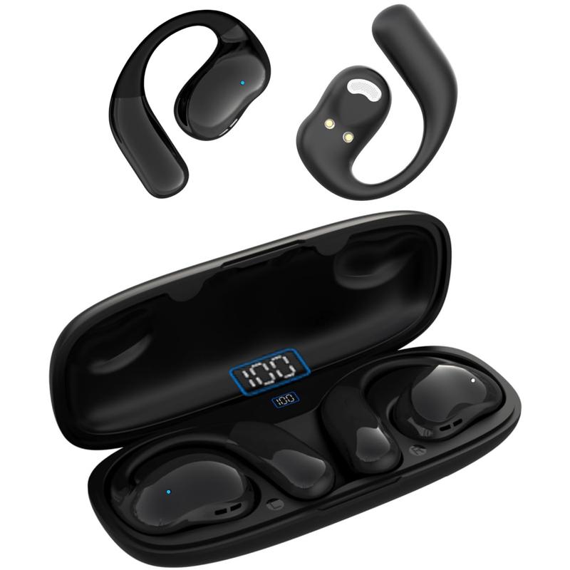 RythmWave YJ11 Bluetooth Open Ear Wireless Earbuds: On Ear Headphones with Hi-Fi Stereo Audio, Touch Control Bluetooth Headphones, Waterproof Sport Earphones with Mic for Android iOS (400mAh Black)