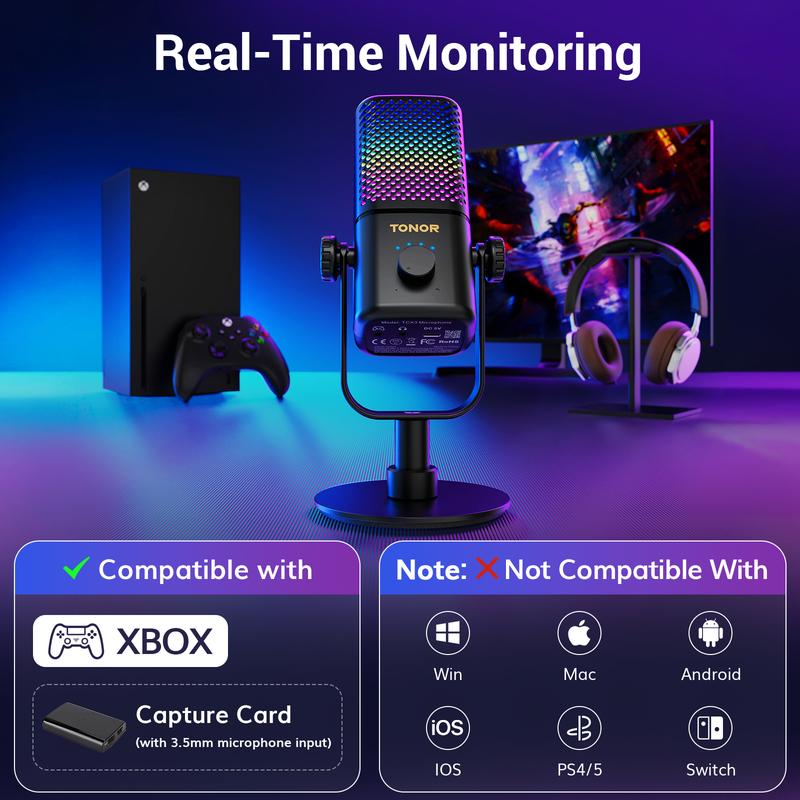 TONOR TCX3 Xbox Gaming Microphone, RGB Condenser Streaming Mic with Low Noise, Monitoring, One Tap Mute, Fast Charging, Compatible with Capture Card