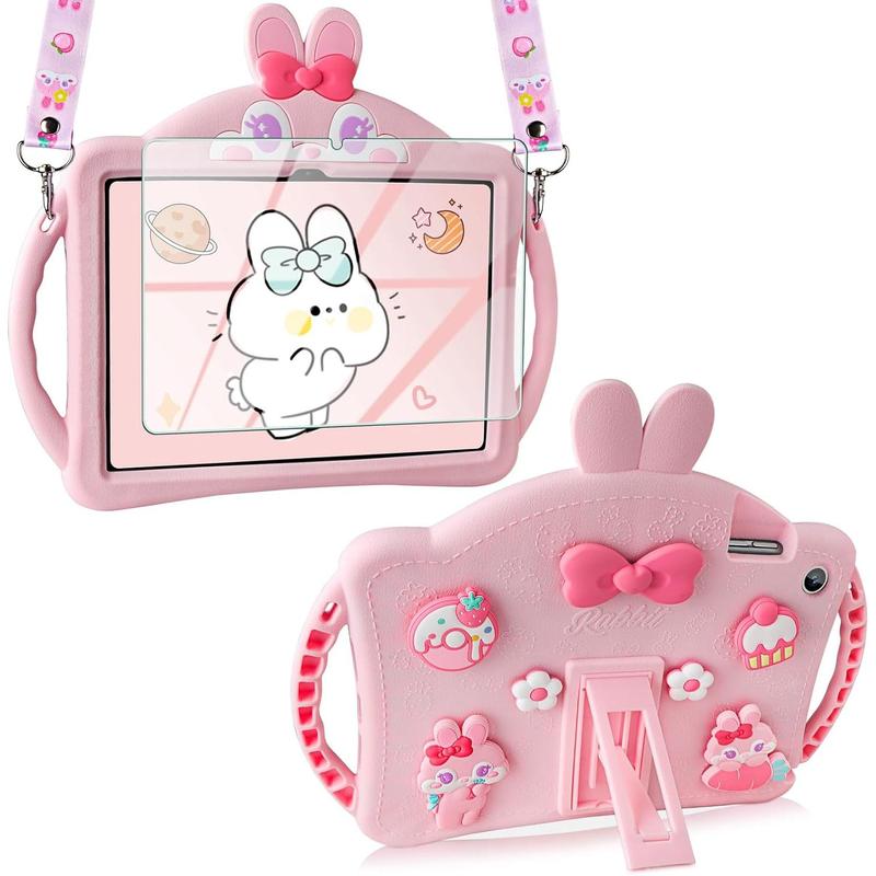 for Samsung Galaxy Tab A9 Plus Case for Kids Girls for Galaxy Tab A9+ Cases with Screen Protector Shoulder Straps Handle Rabbit Soft Silicone Tablet Cover for Galaxy Tab A9 Plus 11'' 2023-Pink