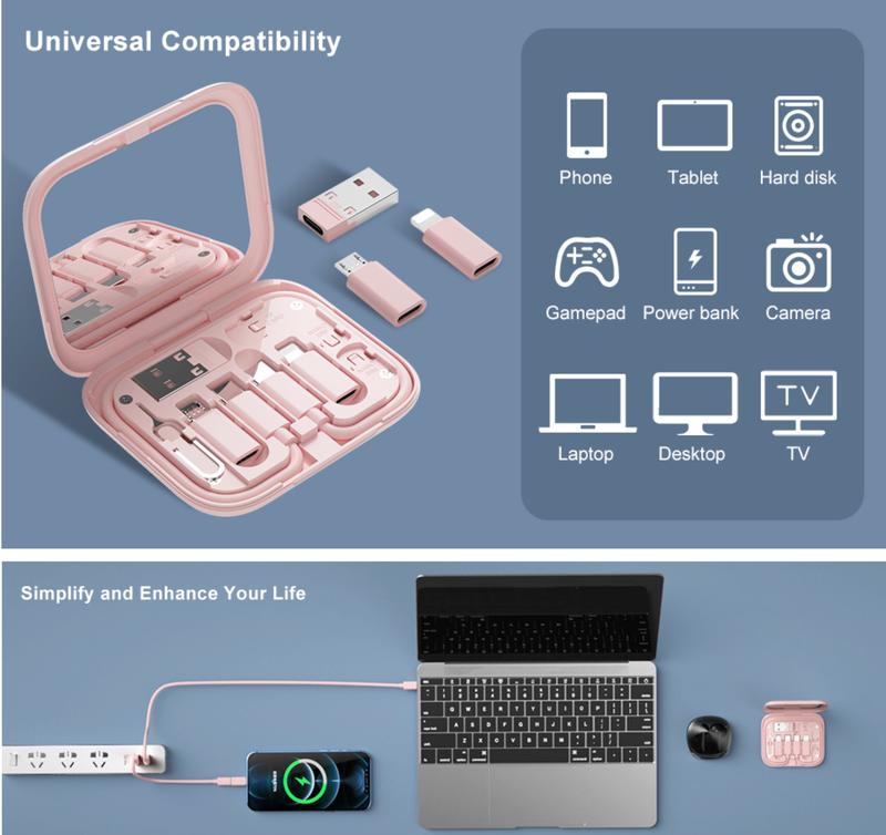 Multi USB Charging Adapter Cable Kit, USB C to Lighting Adapter Box, Conversion Set USB A & Type C to Male Micro Type C Lightning, Data Transfer, Card Storage, Tray Eject Pin, Phone Holder (Pink)