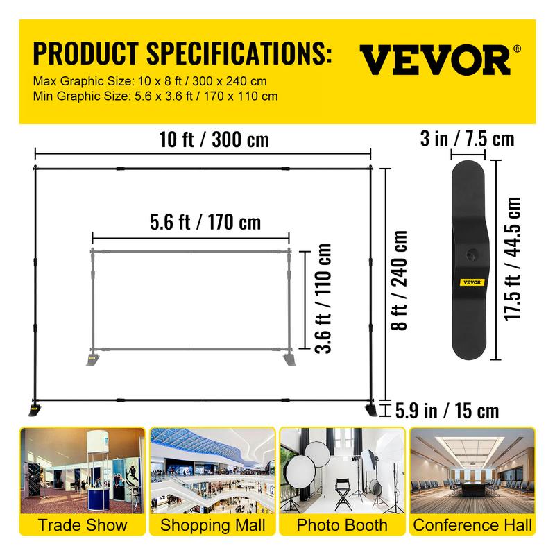 VEVOR 10 x 8 Ft Backdrop Banner Stand Adjustable Height and Width Newest Step and Repeat for Trade Show Wall Exhibitor Photo Booth Background Accessories Aluminum