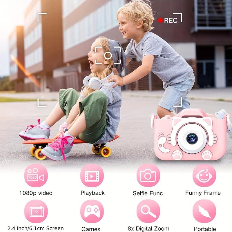 Compact Mini Digital Cameras, Portable Cute Cat Ear Shape Design Video Digital Camera with 32GB SD Card, USB Rechargeable Camera, Stocking Fillers Gift