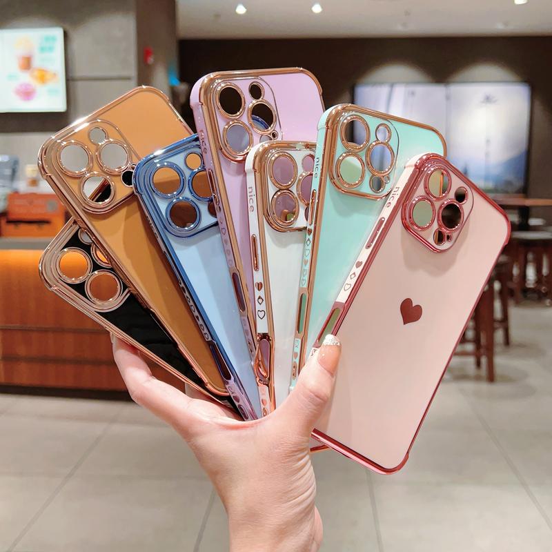 Luxury Gold Plating Cute Love Heart Case，Dust-Proof Net，with Side Heart Pattern For iPhone 16 Pro Max Case 11 12 13 14 15 Protector Cover