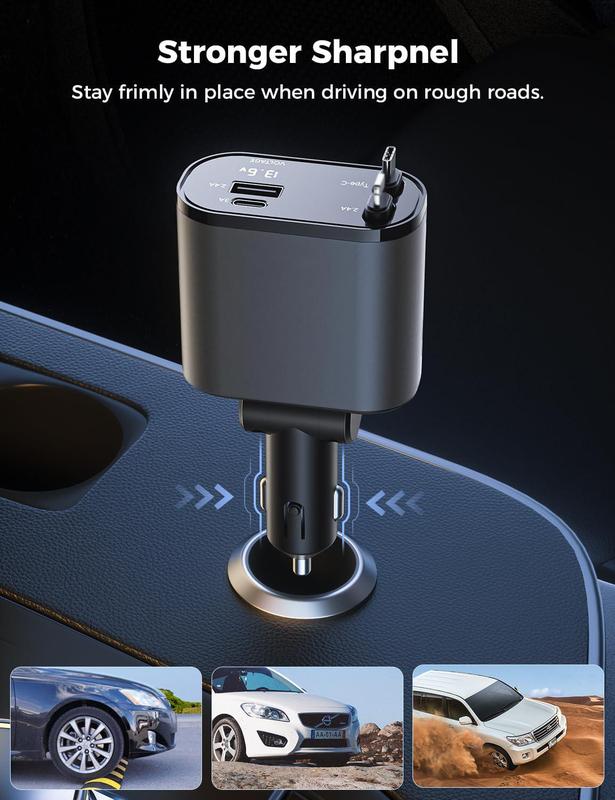 4 in 1 Retractable Car Charger, Car Accessories, 2 Fast Charging cables&Dual Charge Port Compatible with iPhone 16 15 14 13 12 11 Pro Max Plus iPad AirPods, Samsung Galaxy S series, Electronic Retractable Car Retractable Dual