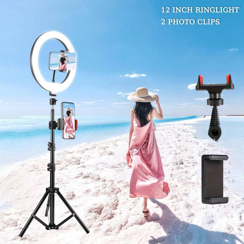 12inch LED Ring Fill Light Set, 3 color modes, adjustable brightness, USB-powered - includes retractable tripod and phone stand for video, photography, makeup and live streaming