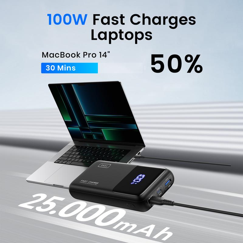 INIU Power Bank, 25000mAh 100W USB C Laptop Portable Charger, PD QC Fast Charging 3-Output External Battery Pack for Laptop MacBook Dell XPS iPad Tablet Steam Deck iPhone 16 15 14 13 Pro Samsung S22 etc Chargeable Smartphone Device