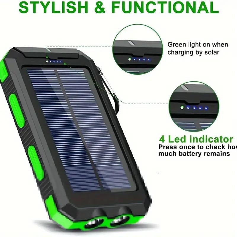 10000mAh Portable Solar Power Bank, 1 Count Solar Powered Power Bank with Dual LED Flashlights & Compass, Outdoor Emergency Use Power Bank for Camping Hiking