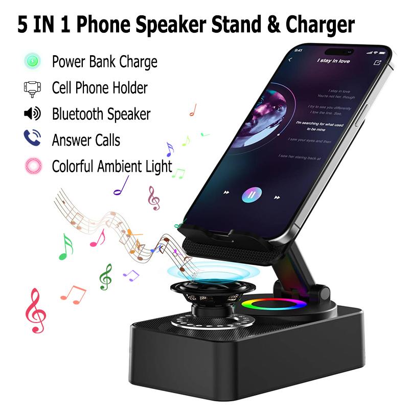 YOYOWAY Wireless Audio Bluetooth Speaker, 360° Rotation Phone Speaker Stand & Charger, Emergency Power Bank, Bluetooth 5.0 FM HD Bassup Answer Calls, Speakers for Kitchen Gym Outdoors Travel Party Portable Mini vinyl  speaker