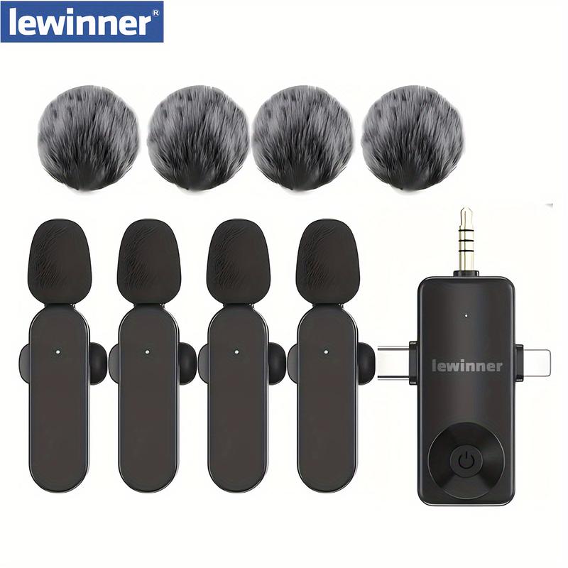 Lewinner 4 microphones Wireless Lavalier microphone, 3 in 1 Receiver, Intelligent Noise Reduction, Supports Mobile phones,Computers,Cameras and speakers.