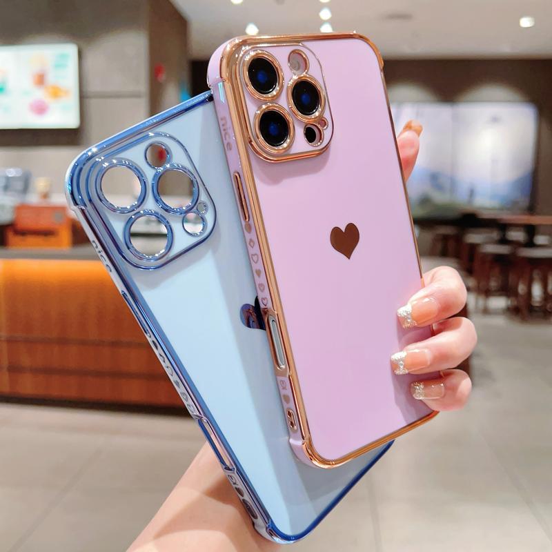 Luxury Gold Plating Cute Love Heart Case，Dust-Proof Net，with Side Heart Pattern For iPhone 16 Pro Max Case 11 12 13 14 15 Protector Cover