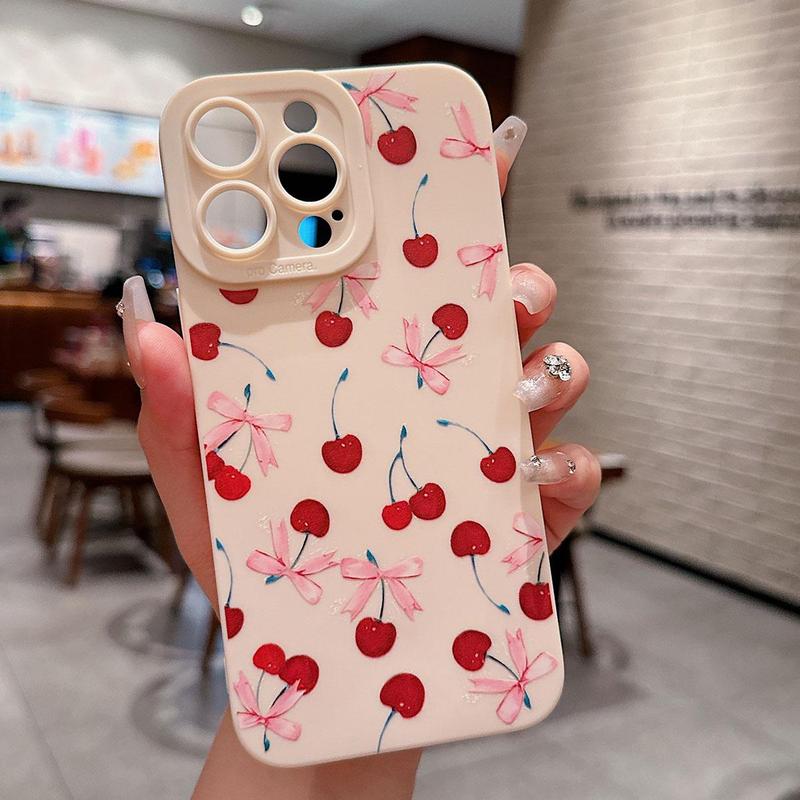 Cherry Pattern Phone Case with Lens Protector, Cute Bow Decor Phone Protective Cover, Phone Accessories Compatible with iPhone 15 14 13 12 11 X, Unique Phone Cases