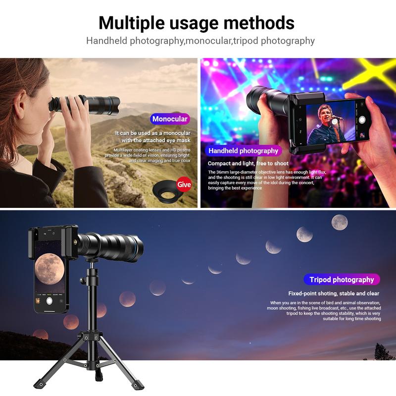 APEXEL 36X HD Telephoto Lens, Telephoto Mobile Cell Phone Lens with Tripod for iPhone 15 14 13 Pro, Samsung and Most Smartphone