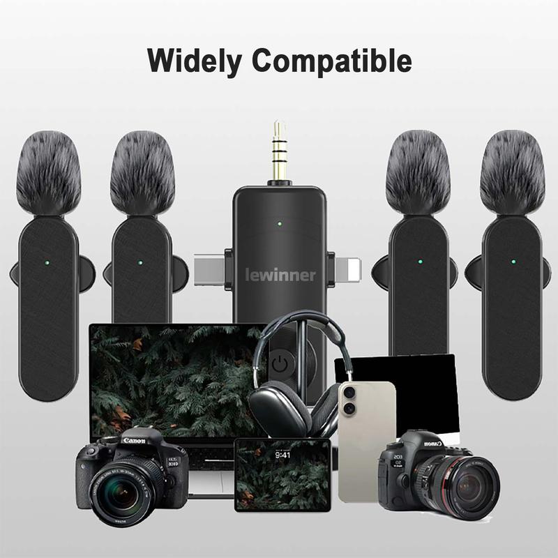 Lewinner 4 microphones Wireless Lavalier microphone, 3 in 1 Receiver, Intelligent Noise Reduction, Supports Mobile phones,Computers,Cameras and speakers.