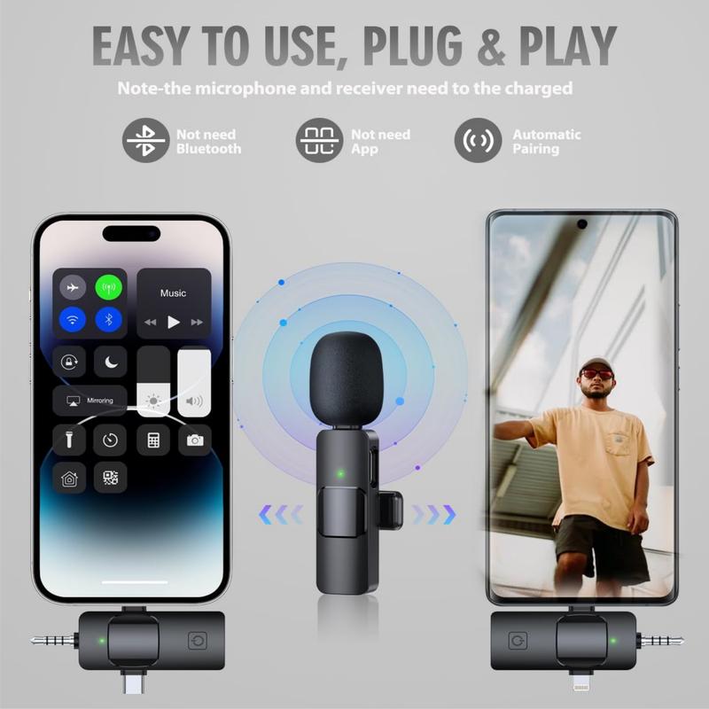 3 in 1 Wireless Microphone, Compatible with Android Smartphones, iPhone(including iPhone 15), Laptops, Camera , fully Upgraded Wireless Lavalier Microphone, Active Noise Reduction Chip