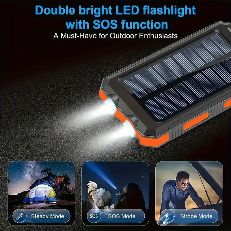 10000mAh Portable Solar Power Bank, 1 Count Solar Powered Power Bank with Dual LED Flashlights & Compass, Outdoor Emergency Use Power Bank for Camping Hiking