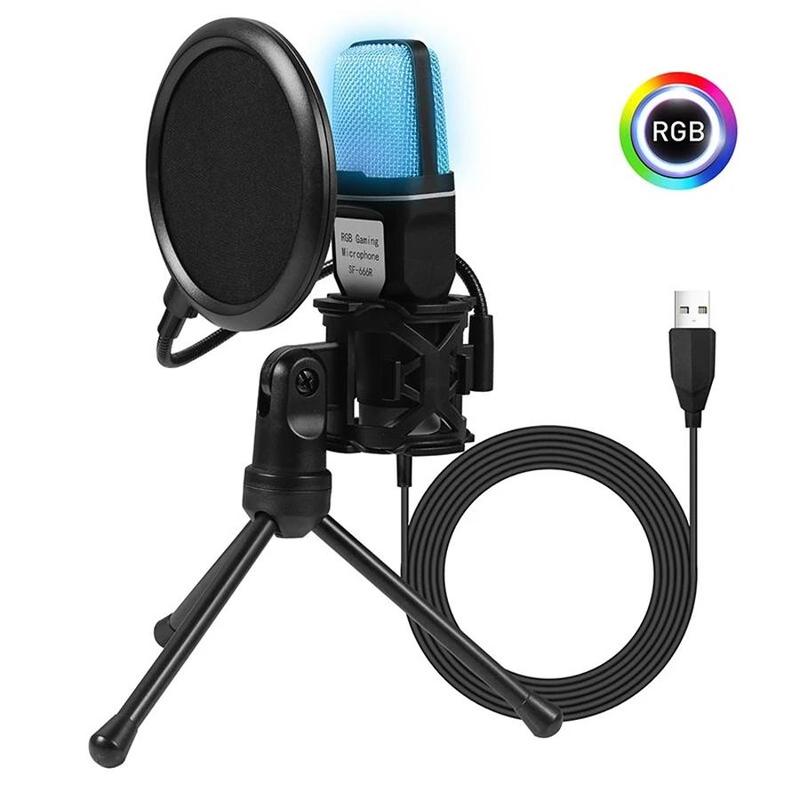 USB Powered Microphones For PC Laptop Computer, RGB Light Effect Gaming PC Microphone for Phone With Shockproof Tripod Stand & Pop Filter, USB Wired Live Streaming Podcast Studio Microphone Kit