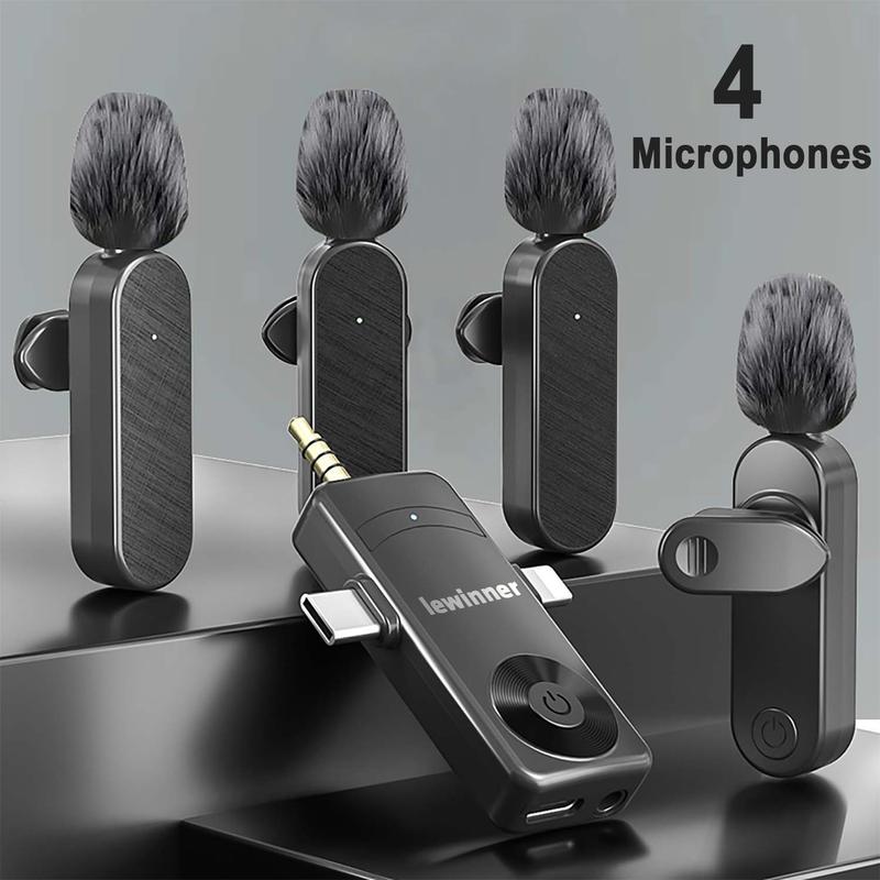 Lewinner 4 microphones Wireless Lavalier microphone, 3 in 1 Receiver, Intelligent Noise Reduction, Supports Mobile phones,Computers,Cameras and speakers.