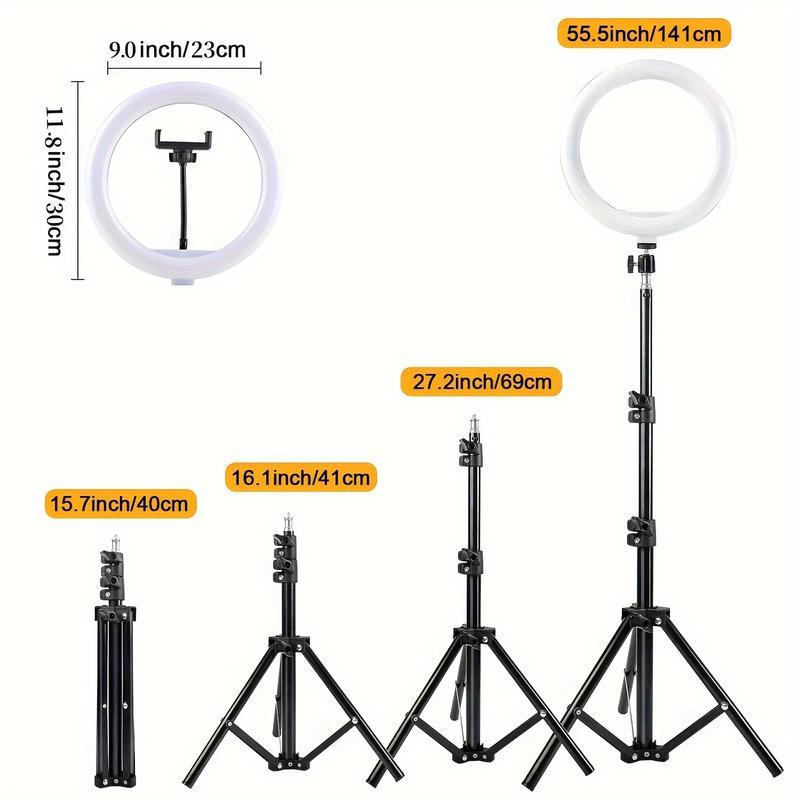 12inch LED Ring Fill Light Set, 3 color modes, adjustable brightness, USB-powered - includes retractable tripod and phone stand for video, photography, makeup and live streaming