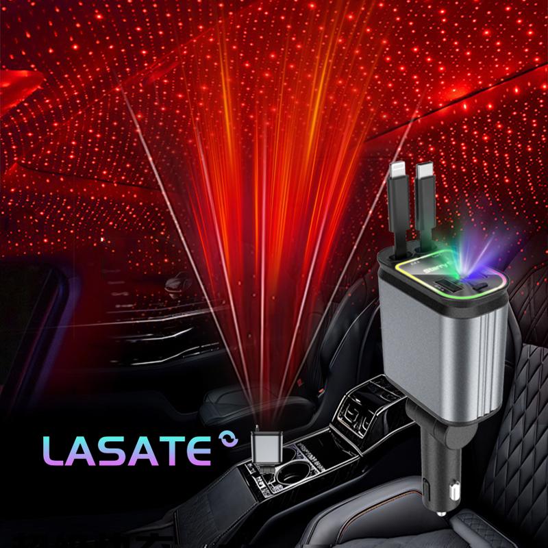 LASATE 4-in-1 Retractable Car Charger with Straight Roof, Quick Charge with Dual Charger Ports for iPhone Android iPad CellPhones