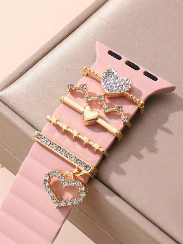 Elegant Rhinestone Decor Watch Strap Charms Compatible with 42 44 45mm Apple Watch, 5 Counts set Heart Design Watch Strap Decorations, Fashion Watch Accessories for Gift