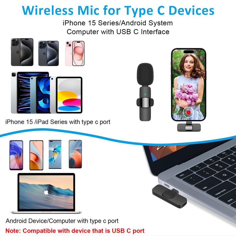 3 in 1 Wireless Microphone, Compatible with Android Smartphones, iPhone(including iPhone 15), Laptops, Camera , fully Upgraded Wireless Lavalier Microphone, Active Noise Reduction Chip