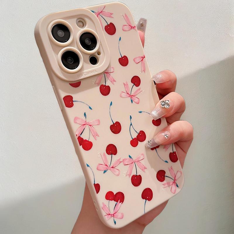 Cherry Pattern Phone Case with Lens Protector, Cute Bow Decor Phone Protective Cover, Phone Accessories Compatible with iPhone 15 14 13 12 11 X, Unique Phone Cases