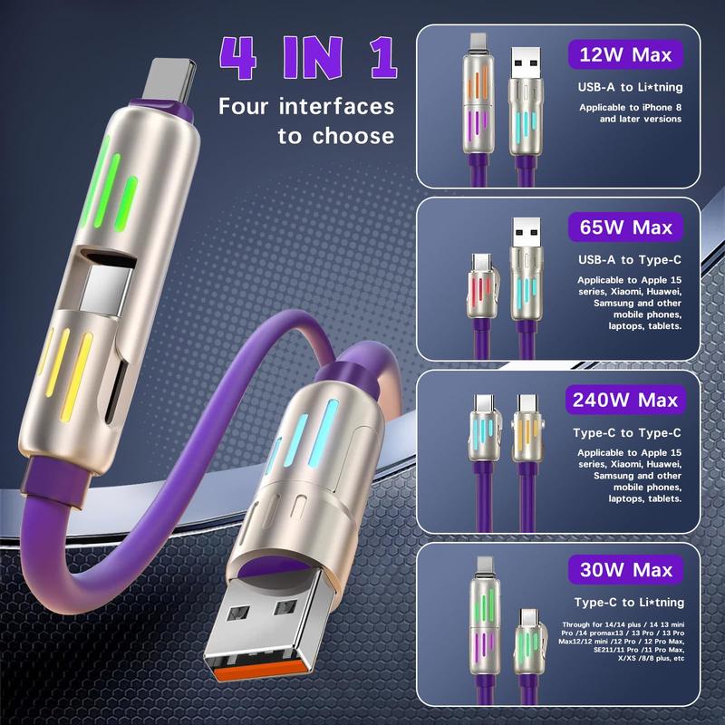 2 sets of 240W data cable fast charging light column four in one liquid silicone Type-C car breathing rainbow light fast charging cable