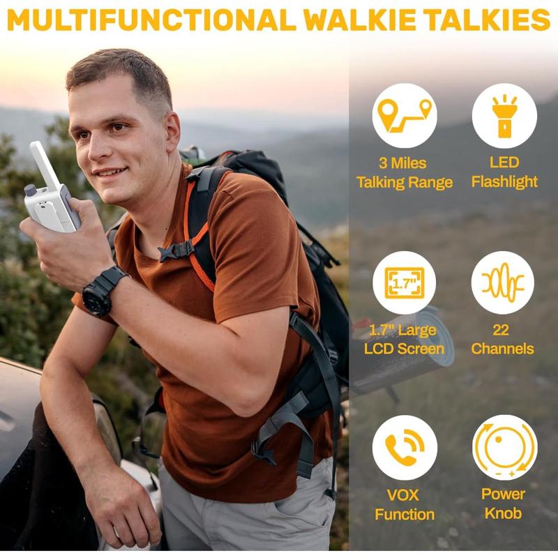 Walkie talkies, Long Range Two Way Radio 2 Pack with 22 FRS Channels, Walkie Talkie Long Range with VOX Talking Belt Clip for Outdoor Hiking Climbing Fishing - White