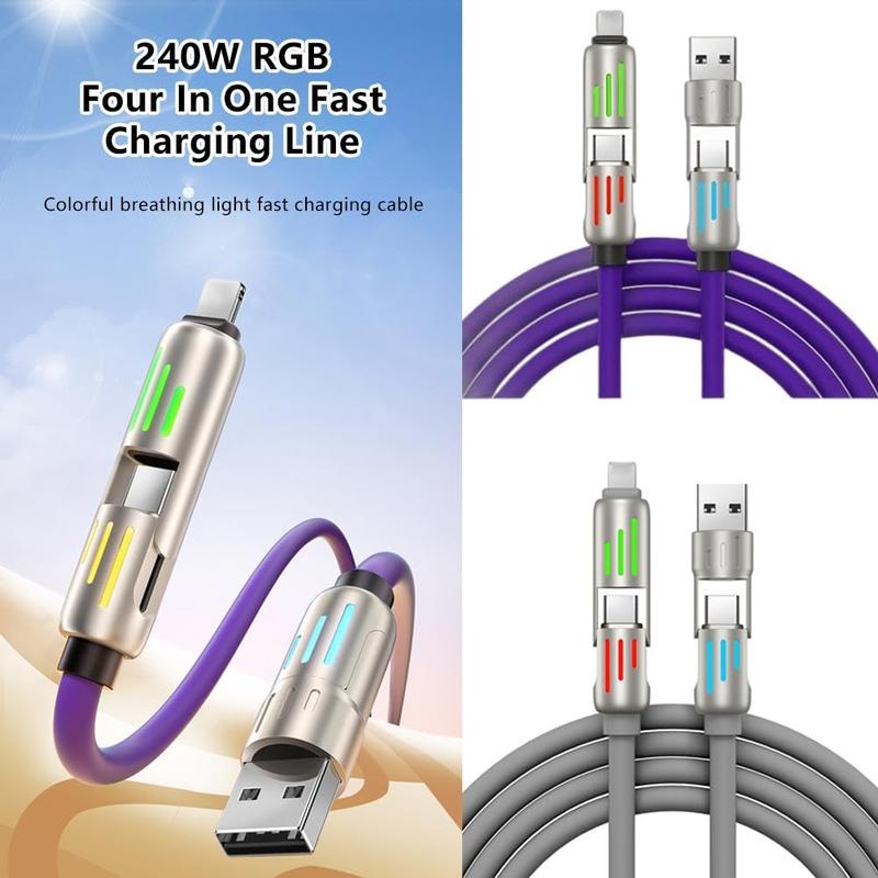 4-in-1 Multi USB Charging Cable with USB A,Type C, Lightning -MAX 240W Fast Charging & Data Sync for iPhone 16 15, iPad Pro, Samsung & Laptops Type C, Lightning -MAX 240W Fast Charging & Data Sync for iPhone 16 15, iPad Pro, Samsung & Laptops 4FT