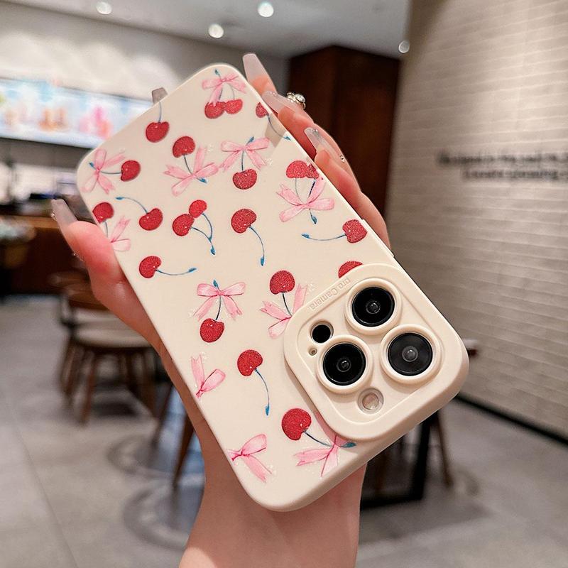 Cherry Pattern Phone Case with Lens Protector, Cute Bow Decor Phone Protective Cover, Phone Accessories Compatible with iPhone 15 14 13 12 11 X, Unique Phone Cases