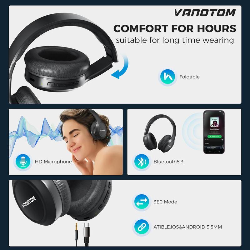 VANOTOM Folding Wireless Headphones Gaming Headset, 1 Piece Foldable Over Ear Wireless Bluetooth-compatible Headphones, Long Battery Life Audio HiFi Bass Earphone Earbuds, Wireless Headphone for Sports Music Work Use, Christmas gift