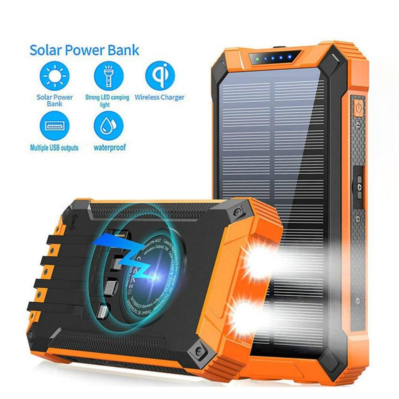 Solar Power Bank,Portable Charger 10000mAh Waterproof Wireless Charger Power Bank,LED Flashlights Built-in 4 Cables Six-Outputs 15W for iPhone 15 14 13 12 11 Samsung S23 S22 S21 iPad Tablet Accessories Charging Chargeable