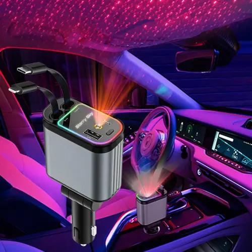 LASATE 4-in-1 Retractable Car Charger with Straight Roof, Quick Charge with Dual Charger Ports for iPhone Android iPad CellPhones