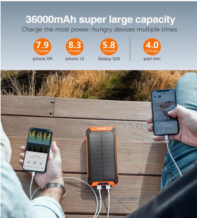 Solar Power Bank,Portable Charger 10000mAh Waterproof Wireless Charger Power Bank,LED Flashlights Built-in 4 Cables Six-Outputs 15W for iPhone 15 14 13 12 11 Samsung S23 S22 S21 iPad Tablet Accessories Charging Chargeable