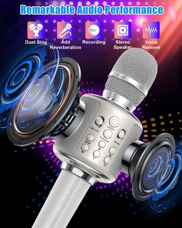 Karaoke Microphone, Wireless Bluetooth Rechargeable Mic with Stereo Speaker, Reverb｜Duet Mode｜Recording｜Vocal Remove, Compatible with All Smartphones Easy-to-use for Adults & Kids Audio Portable Ktv