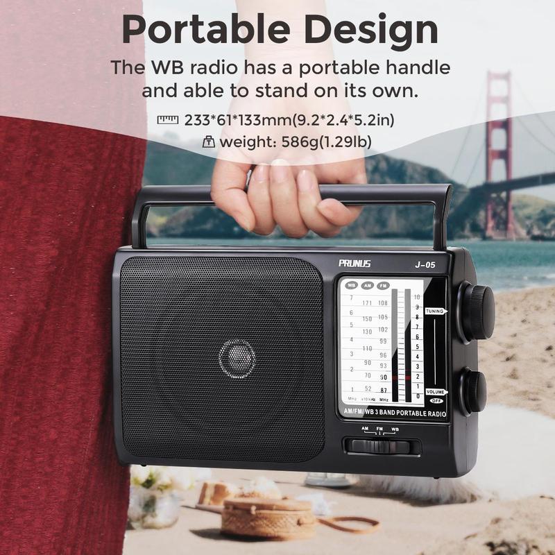 PRUNUS J-05 Portable AM FM Radio Transistor Radio with Excellent Reception, Battery Operated by 3x D Cell Batteries or AC Power for Household and Outdoor Audio Button