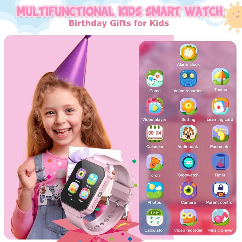 Smart Watch for Kids 3-12 Years Boys Girls, 26 Puzzle Games, Smartwatch with Camera, Pedometer, Stopwatch, Video Voice Music Player Calendar Alarm Clock Learn Card for Children Gifts (Pink)