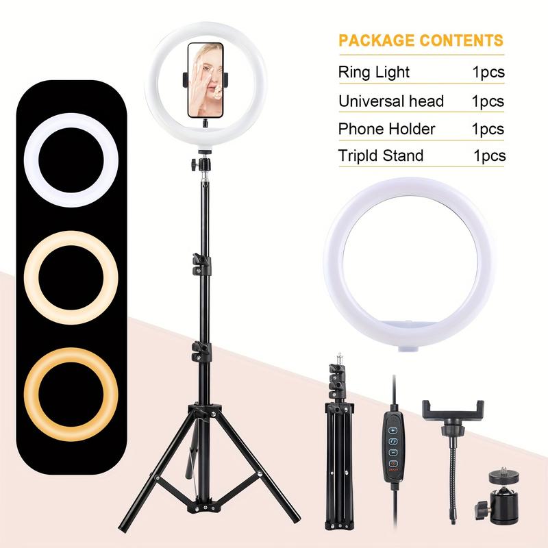 12inch LED Ring Fill Light Set, 3 color modes, adjustable brightness, USB-powered - includes retractable tripod and phone stand for video, photography, makeup and live streaming