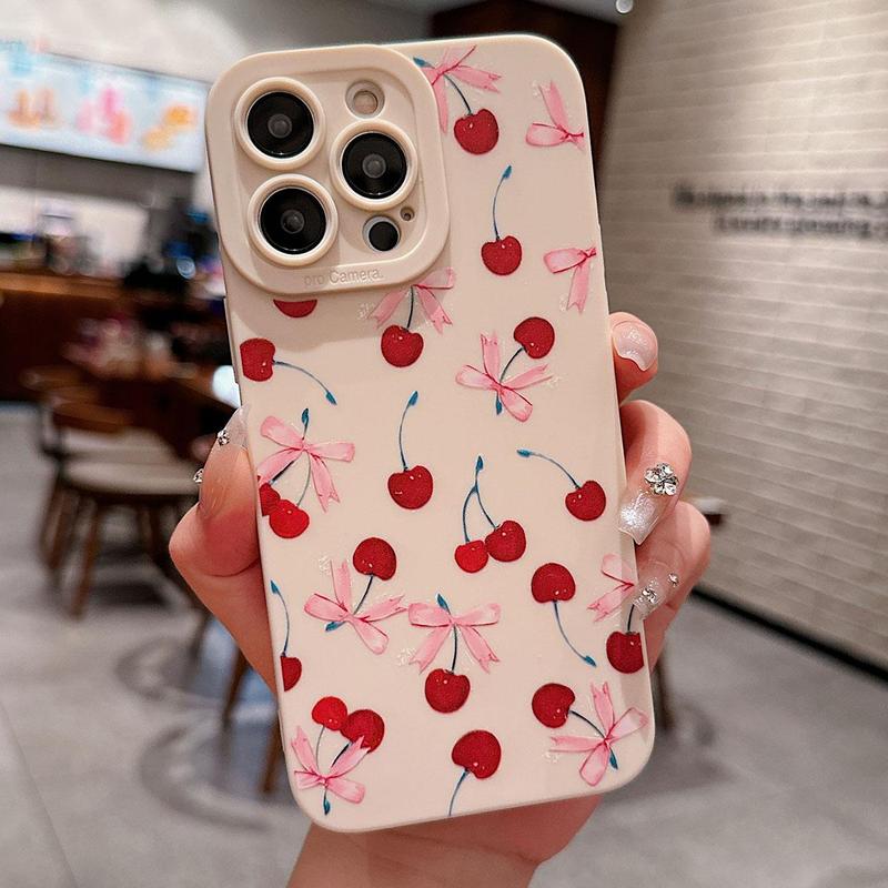 Cherry Pattern Phone Case with Lens Protector, Cute Bow Decor Phone Protective Cover, Phone Accessories Compatible with iPhone 15 14 13 12 11 X, Unique Phone Cases