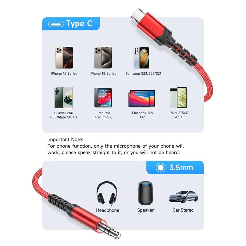 USB C To 3.5mm Audio Aux Jack Cable Compatible with IPhone 16 Pro Max 15 Pro Max Plus [3.3ft], USB Type C To 3.5mm Headphone Stereo Cord Car for Galaxy S24 S23, IPad Pro, Pixel 9 8-Red